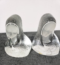2 Glass Mary Madonna Statues Book Ends vintage frosted heavy weight 5in high picture