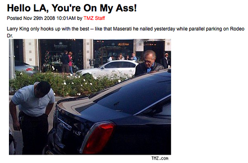 Larry King's Lincoln MKS love taps a Maserati. Larry King's Lincoln MKS love taps a Maserati.