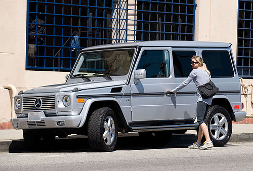 Renee Zellweger Getting In Her Mercedes G Wagon
